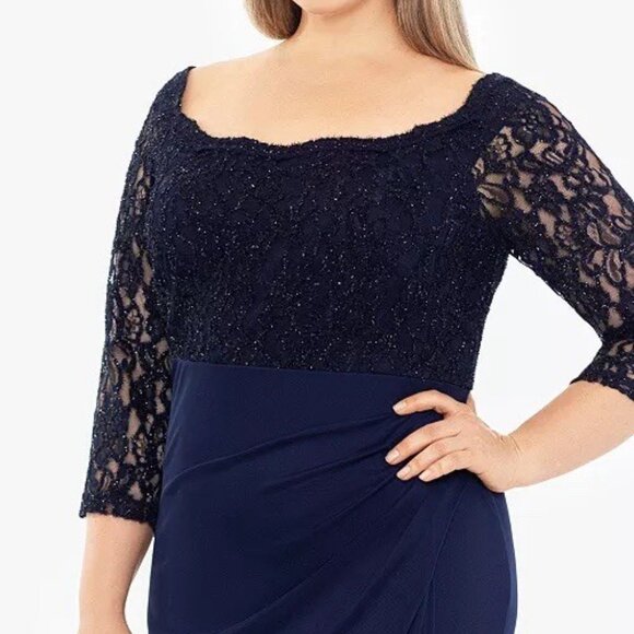 Betsy & Adam Plus Size 16W Navy Blue Lace Scoop-Neck Cocktail Maxi Gown Dress - Picture 3 of 11